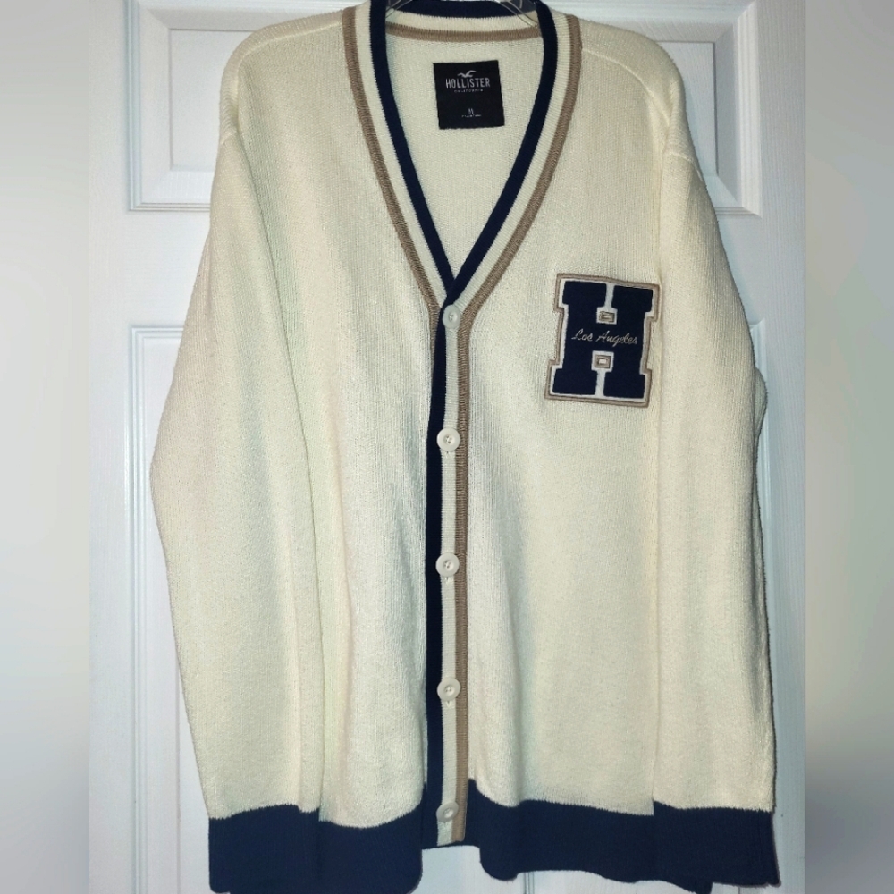 Hollister Collegiate Style Cardigan Size Medium Cream Blue‎ Preppy Retro